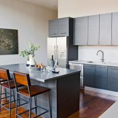 Neutral, Modern Kitchen with Gray Cabinets and Wood and Metal Bar Stools