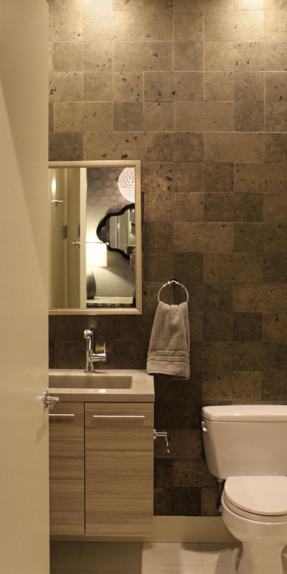 Modern Powder Room with Stone Tile Backsplash, Floating ...