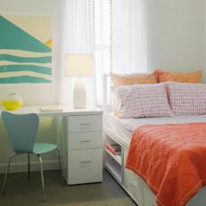 Bright White Dorm Bedroom With Coral Bedding