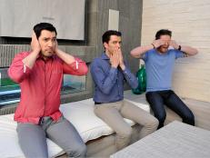 (L-R) Brother vs. Brother hosts Drew Scott, Jonathan Scott and JD Scott fool around during a breaking from filming. Brothers Jonathan and Drew Scott are remodeling two homes.