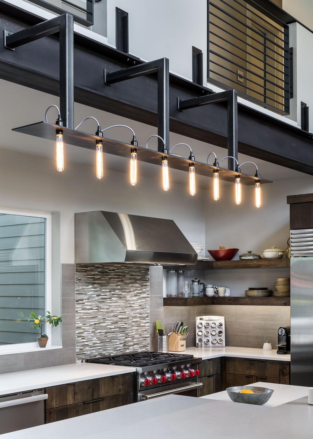 Modern Gray Kitchen With Industrial Style Light Fixture Hgtv
