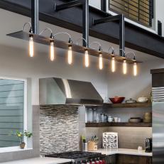 Modern Gray Kitchen with Industrial Style Light Fixture 