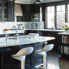Black And White Transitional Kitchen With Modern Stools