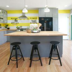 Yellow and Gray Transitional Open Kitchen With Stripes
