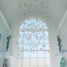 Master Bath Chandelier & Ornate Glass Window