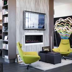 Modern Living Room With High Ceilings and Chartreuse Chairs
