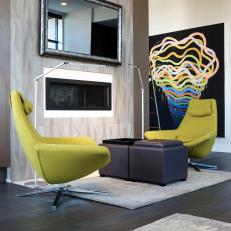 Modern Style Living Room With Sleek Fireplace And Chartreuse Chairs