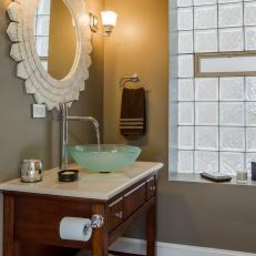 Neutral Transitional Bathroom With Unique Vanity