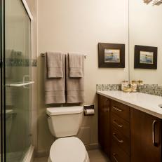 Small Neutral Contemporary Bathroom With Wall Length Mirror And Vanity