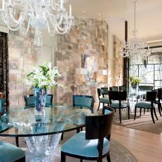 Midcentury Dining Room with Stone Accent Walls