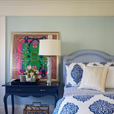 Blue Cottage Bedroom With Blue Nightstand