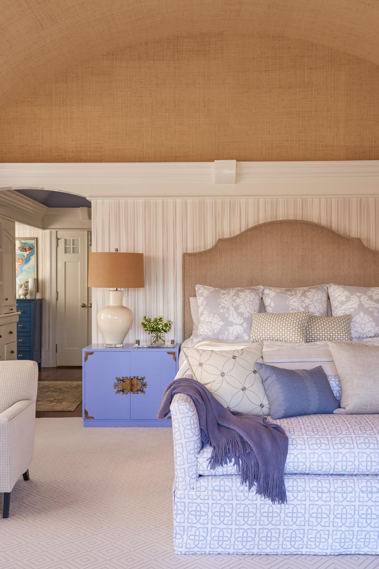 Neutral Cottage  Bedroom  With Purple Nightstand HGTV