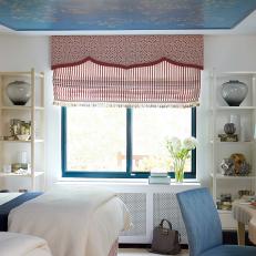 Red, White and Blue Eclectic Bedroom With Wallpapered Ceiling