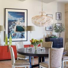Neutral Eclectic Dining Room With Chandelier