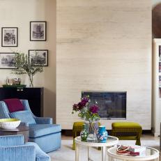 Neutral Eclectic Living Room With Blue Armchairs