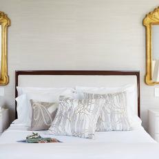 White Midcentury Bedroom With Gold Mirrors