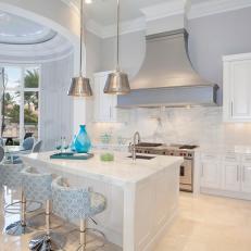 Gray and White Transitional Open Plan Kitchen With Barstools
