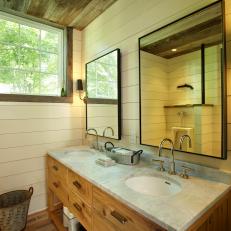 Rustic Guest Bath Features Wood Vanity & Marble Countertop