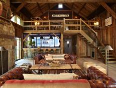 Rustic Barn With Reclaimed Wood Walls, Bar & Brown Chesterfield Sofas