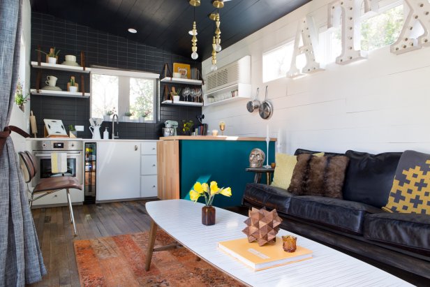 Small Black & White Eclectic Living Area & Kitchen