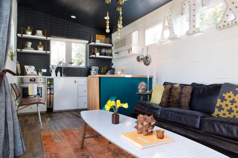 Small Black & White Eclectic Living Area & Kitchen