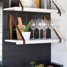 Custom Kitchen Shelves With Vintage Leather Belt Supports