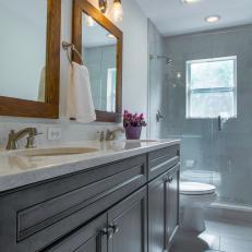 Gray Transitional Double Vanity Bathroom With Marble Countertops