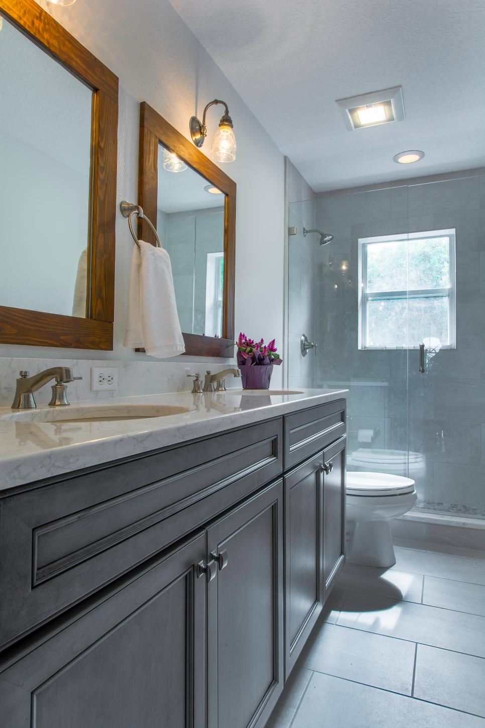 Gray Transitional Double Vanity Bathroom With Marble Countertops | HGTV