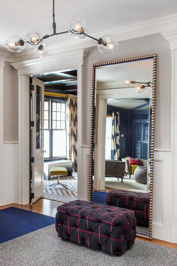 Foyer Features Full Length Mirror Tufted Ottoman Hgtv