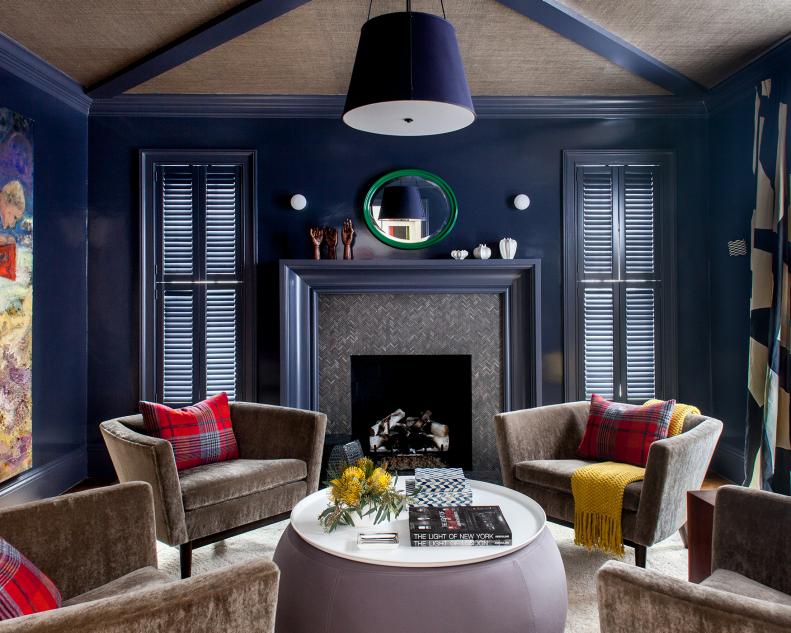 Navy Blue Sitting Room With Gray Velvet Armchairs & Red Plaid Pillows