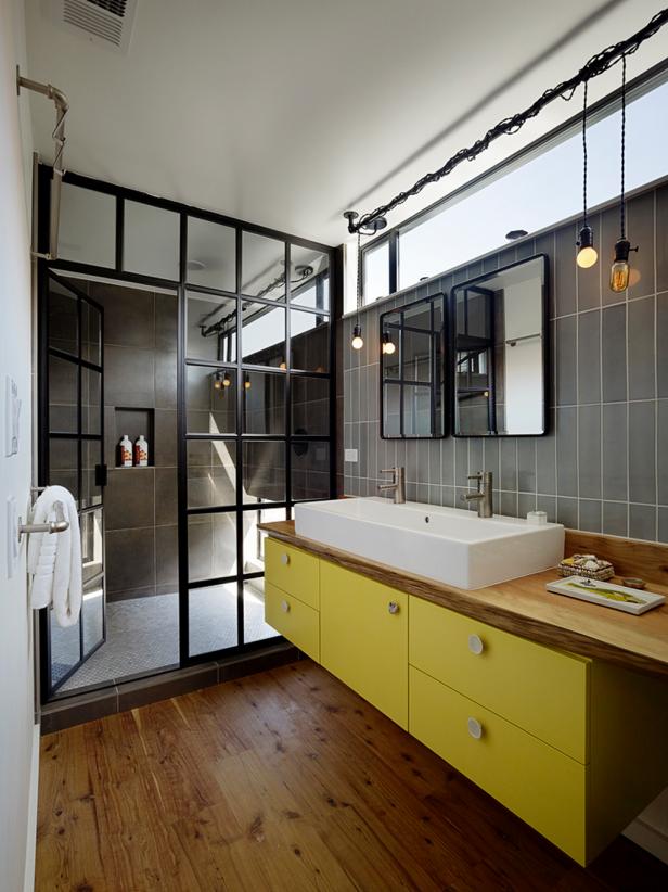 Modern Gray Bathroom With Yellow Vanity