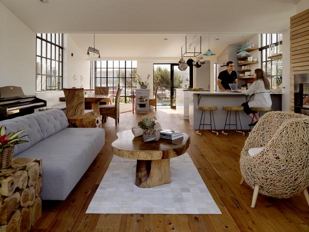 White Modern Great Room With Gray Sofa & Hardwood Floor