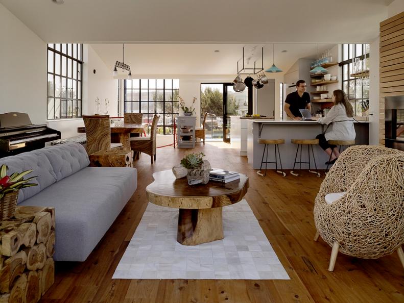 White Modern Great Room With Gray Sofa & Hardwood Floor