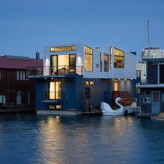 Modern Floating House: Water View at Twilight