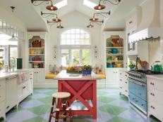 Blue and Green Argyle Floor in Colorful Kitchen
