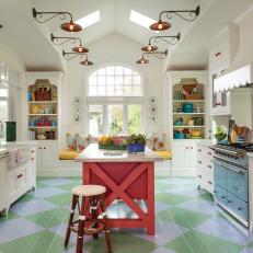 Blue and Green Argyle Floor in Colorful Kitchen