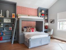 Gray and Red Boys' Room with Custom Modern Bunkbeds and Bookshelves