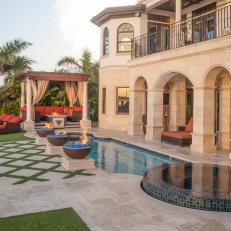 Oceanside Mediterranean Patio, Daytime, Features Strong Pillars & Arches, Infinity Spa & Enchanting Lounge