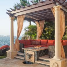 Oceanside Cabana Featuring A Fire Table, Chic Tile & Sleek Sectional Impresses With Mediterranean Luxury