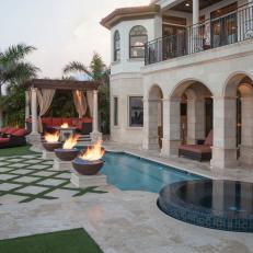 Oceanside Mediterranean Patio, Evening, Features Strong Pillars & Arches, Infinity Spa & Enchanting Lounge