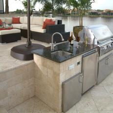 Sleek Modern Patio Features Kitchen & Chic Elevated Lounge & Sectional