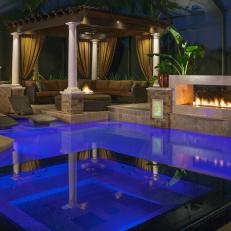 Cool Pool & Infinity Spa Balanced By Warming Fireplaces In Oasis-Like Patio 