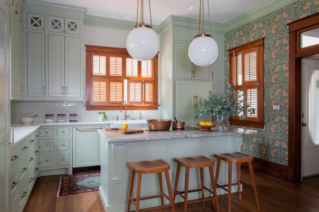 Sage green kitchen in a renovated Victorian home, Southport