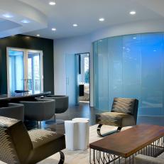 Wet Bar and Lounge With Curved Glass Wall