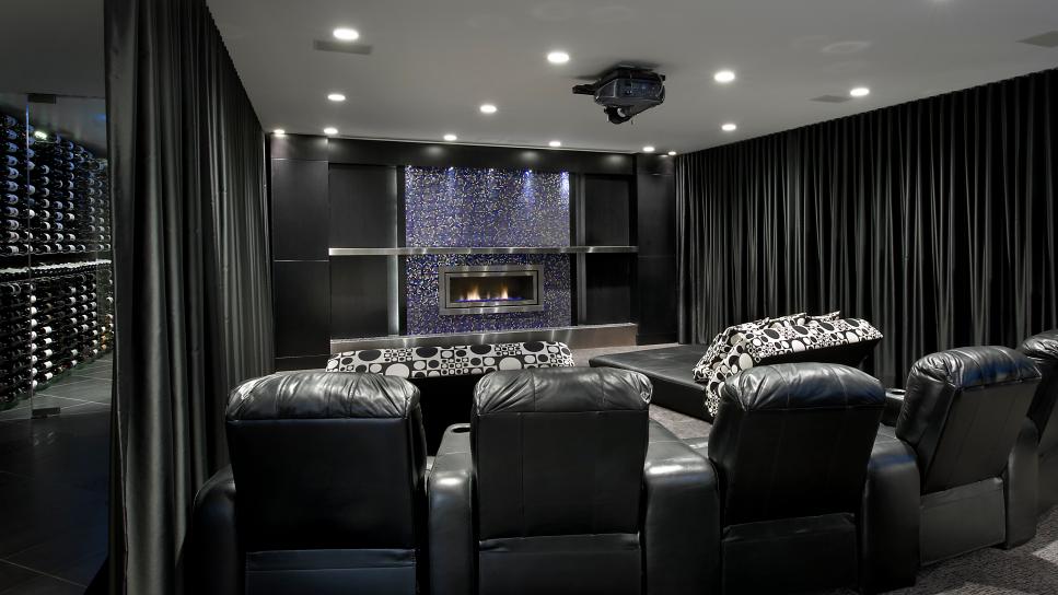 Black Home Theater With Curtains | HGTV