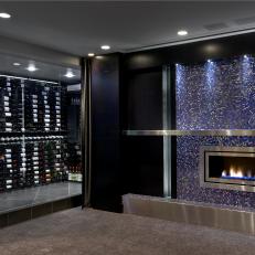 Contemporary Wine Cellar With Blue Fireplace