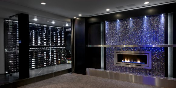 Wine Cellar With Blue Mosaic-Tile Fireplace