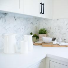 Hexagon Marble Backsplash Wows in Crisp White Kitchen