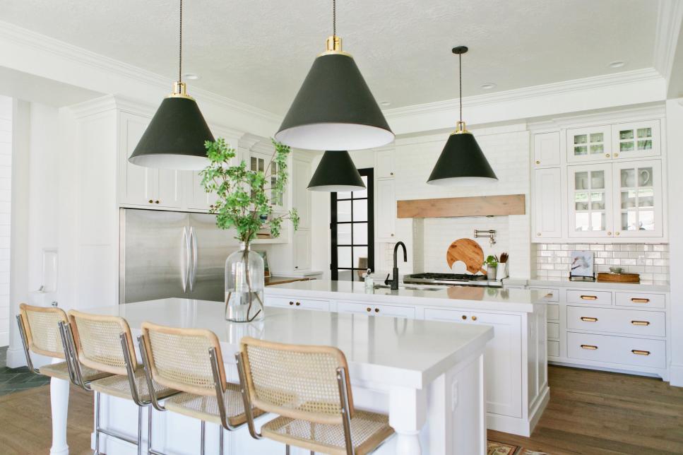 Kitchen With Black Cone Pendant Lights, Black And White Kitchen Lighting Ideas