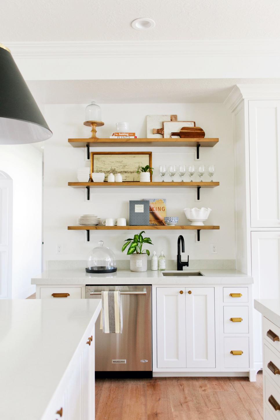 Sleek, White Kitchen With Open Wood Shelves | HGTV